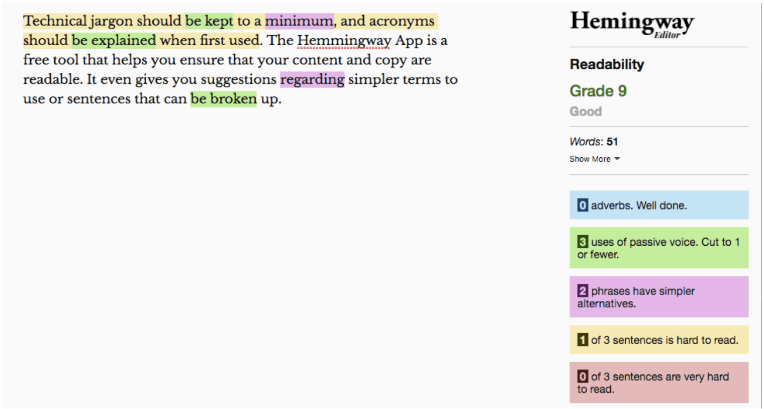 The Hemmingway App is a free tool that helps you make content and copy more readable.
